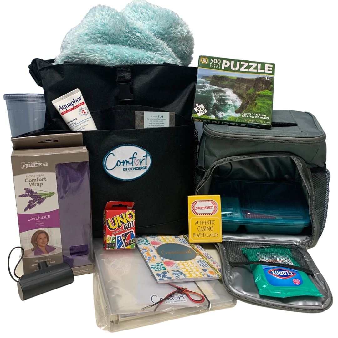 Premium home comfort kit. Gift box with quilt, puzzle, cards, Uno game, heat wrap, and gaming accessories in a tote bag
