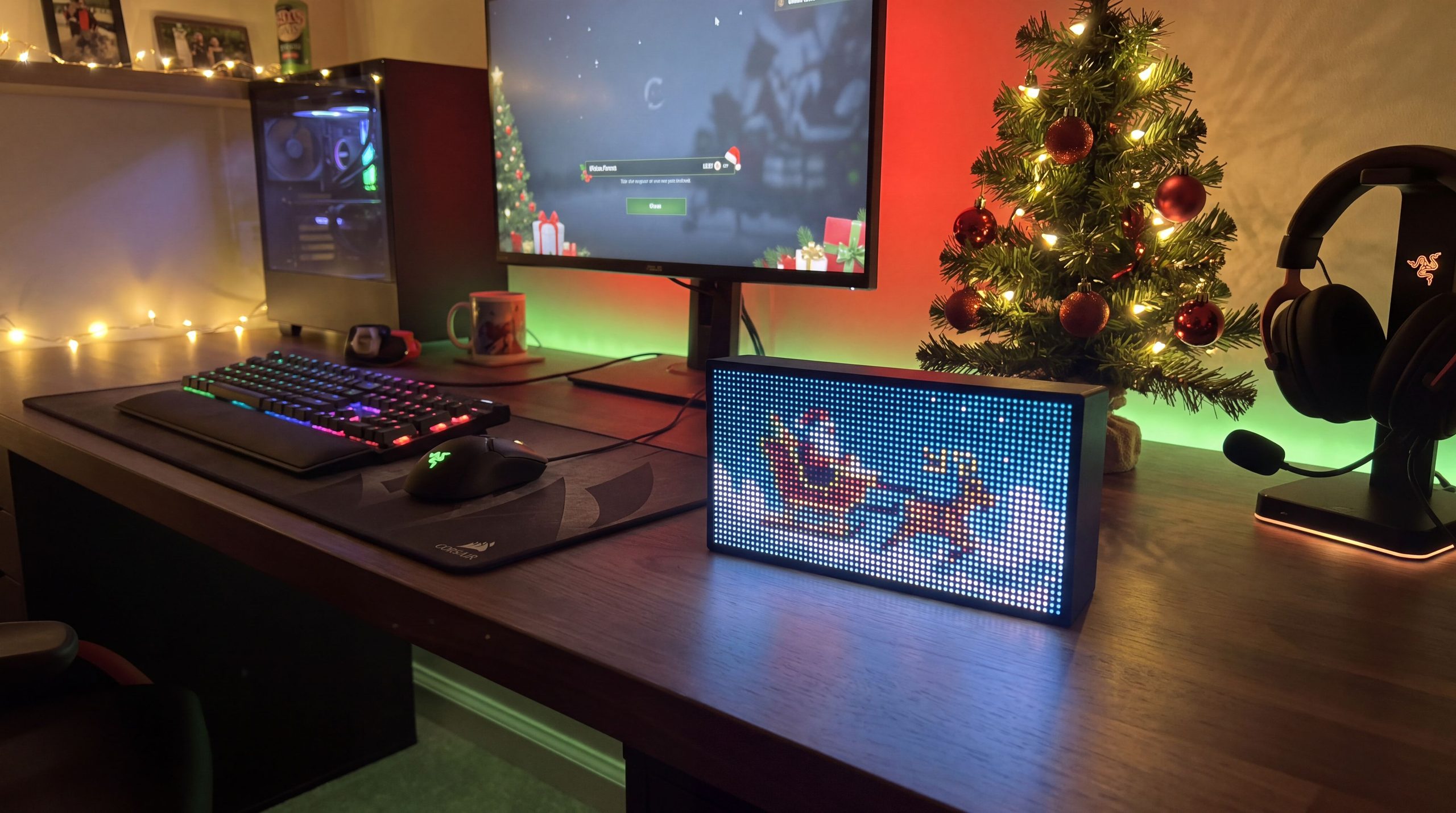 Christmas gaming setup with monitor, keyboard, LED pixel display, and decorated tree with headphones