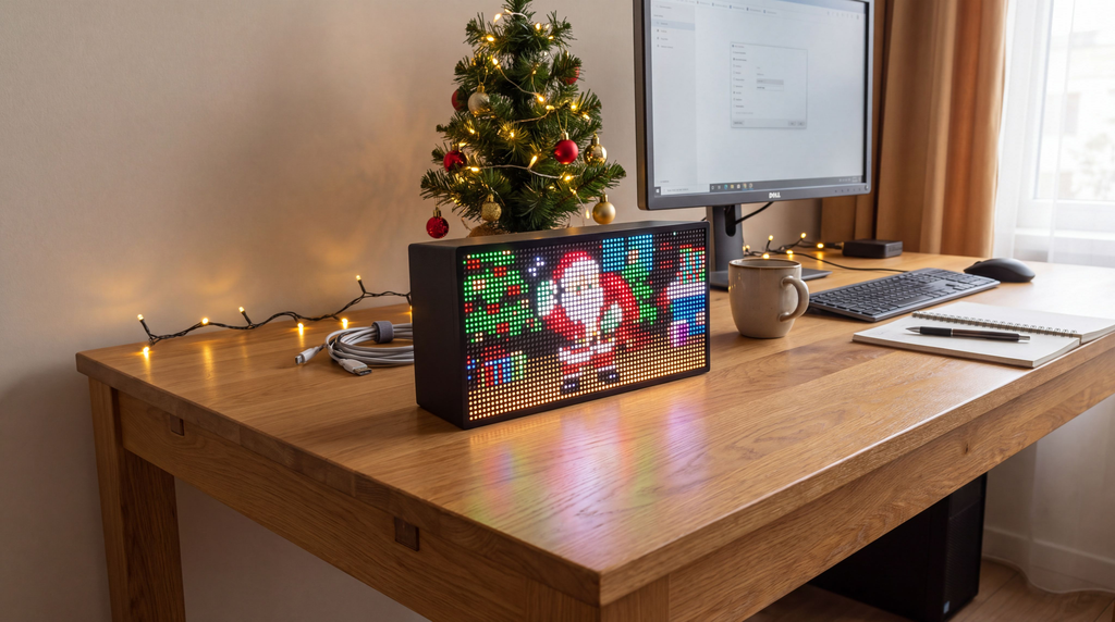 Small Christmas tree and glowing LED display on a desk with a laptop, mug, and notebook