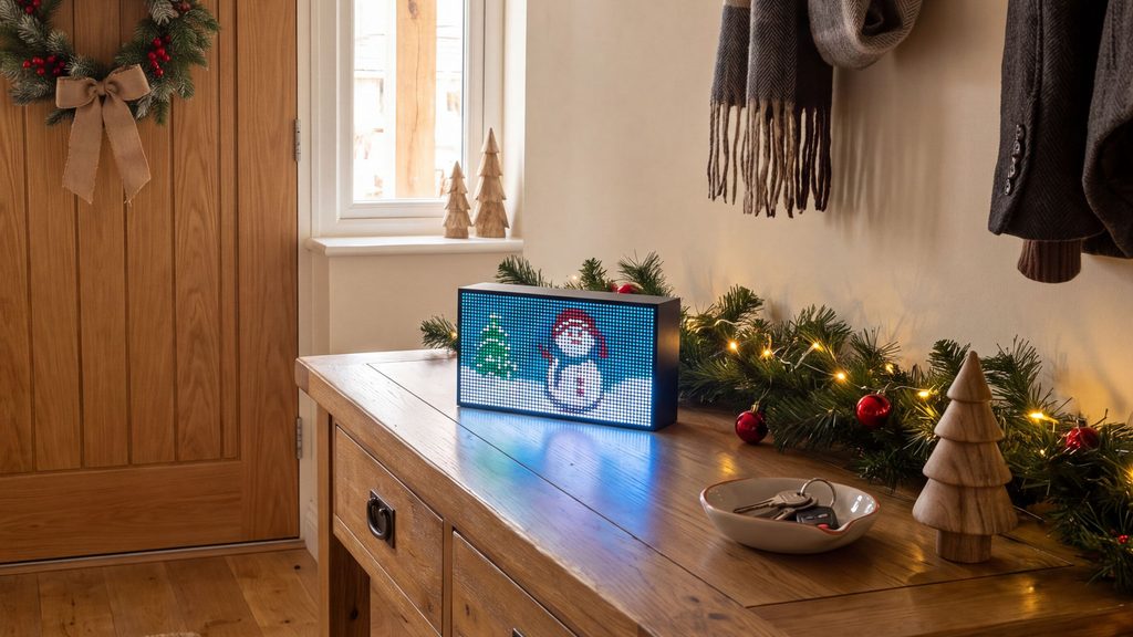 LED screen shows a festive character next to a decorated wooden table with Christmas lights and ornaments