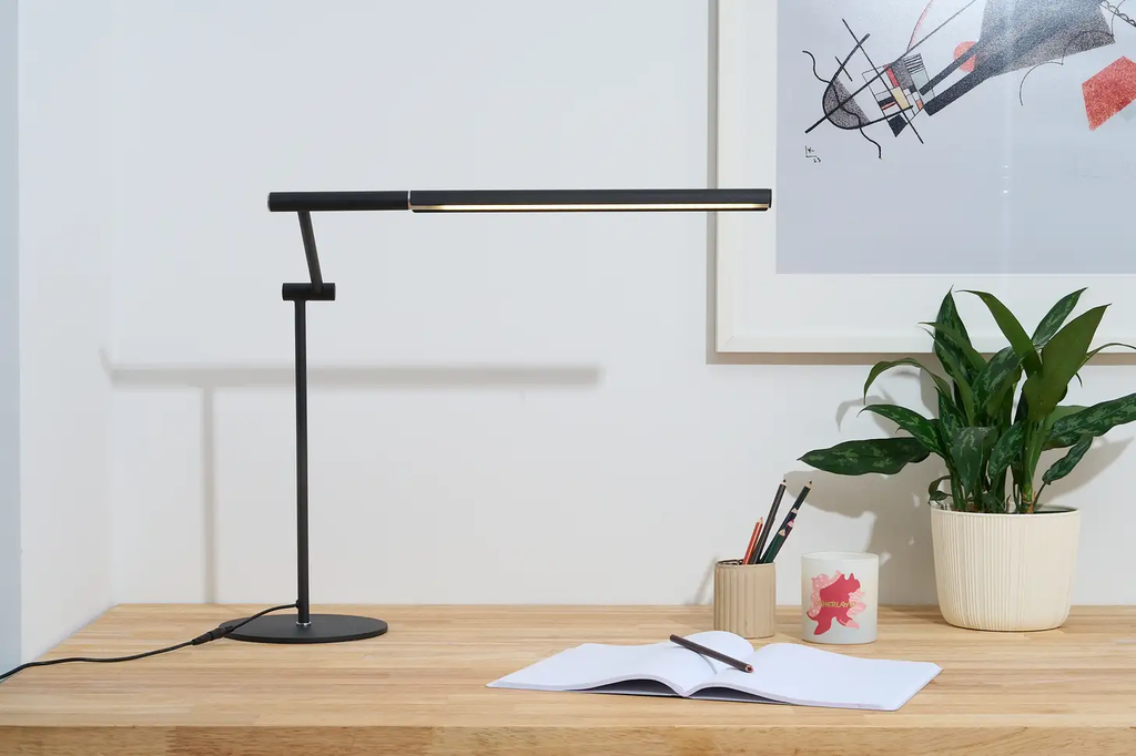 Desk lamp and open notebook on a wooden desk with potted plant and pencils