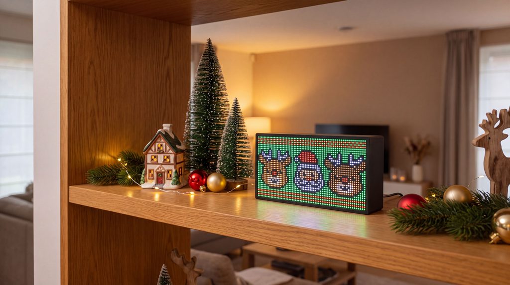 Wooden shelf decorated for Christmas with small village house, ornaments, evergreen, and LED pixel display