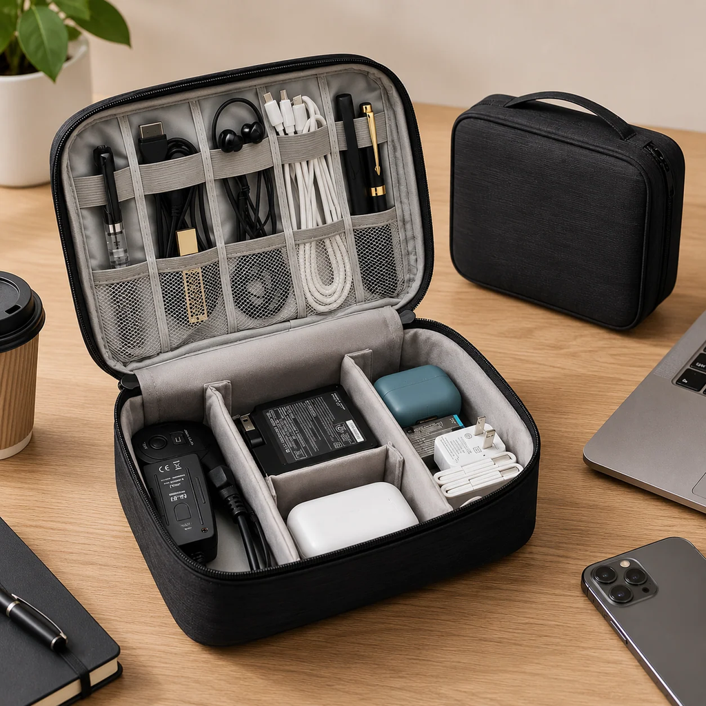 Premium travel tech organizer. Open gray electronics travel case with organized cables, chargers, and small devices on a desk