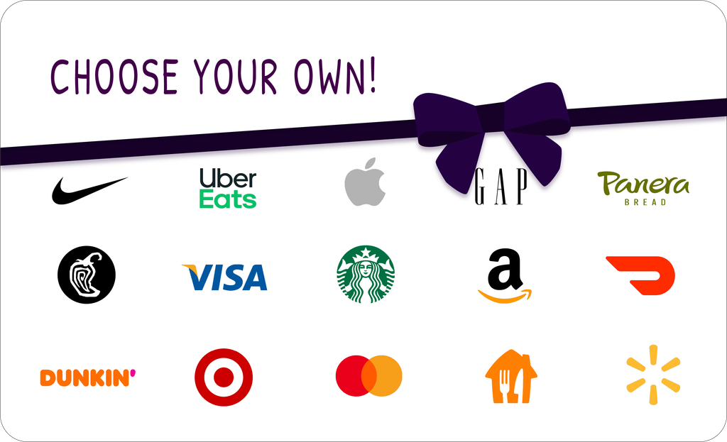 “Choose your own!” banner showing multiple food, payment, and shopping brand logos under a purple bow