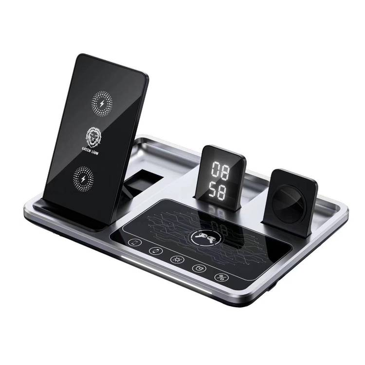 Smart wireless charging station, black color, with phone stand, digital display, and charging indicators on a base.