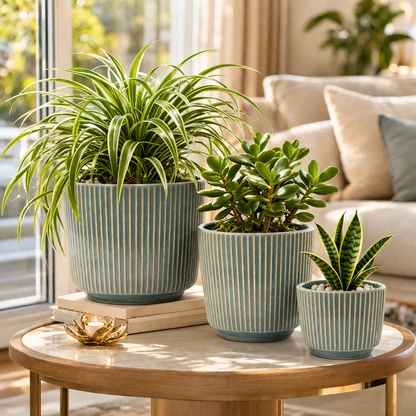 Three potted green houseplants in striped ceramic planters on a wooden coffee table
